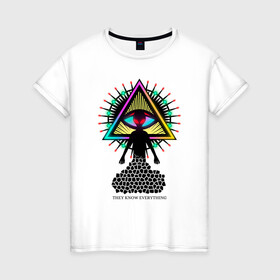 Женская футболка хлопок с принтом Neon alien.The all-seeing eye в Тюмени, 100% хлопок | прямой крой, круглый вырез горловины, длина до линии бедер, слегка спущенное плечо | Тематика изображения на принте: abstract | alien | beautiful | bright | eye | mason | neon | ufo