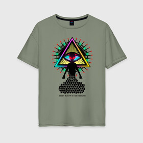 Женская футболка хлопок Oversize с принтом Neon alien.The all-seeing eye в Тюмени, 100% хлопок | свободный крой, круглый ворот, спущенный рукав, длина до линии бедер
 | Тематика изображения на принте: abstract | alien | beautiful | bright | eye | mason | neon | ufo