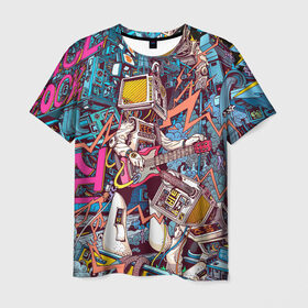 Мужская футболка 3D с принтом Space Hardrock Machine в Тюмени, 100% полиэфир | прямой крой, круглый вырез горловины, длина до линии бедер | Тематика изображения на принте: rock | гитара | космонавт | космос | музыка | робот | рок | хард рок | электроника | электронная музыка