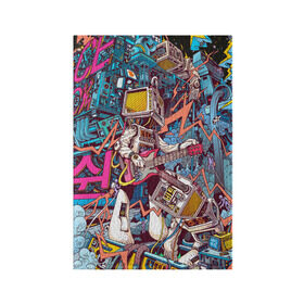 Обложка для паспорта матовая кожа с принтом Space Hardrock Machine в Тюмени, натуральная матовая кожа | размер 19,3 х 13,7 см; прозрачные пластиковые крепления | rock | гитара | космонавт | космос | музыка | робот | рок | хард рок | электроника | электронная музыка
