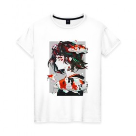 Женская футболка хлопок с принтом Девушка и Карп Кои в Тюмени, 100% хлопок | прямой крой, круглый вырез горловины, длина до линии бедер, слегка спущенное плечо | девушка | карп | карп кои | рисунок | рыба