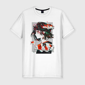 Мужская футболка премиум с принтом Девушка и Карп Кои в Тюмени, 92% хлопок, 8% лайкра | приталенный силуэт, круглый вырез ворота, длина до линии бедра, короткий рукав | девушка | карп | карп кои | рисунок | рыба