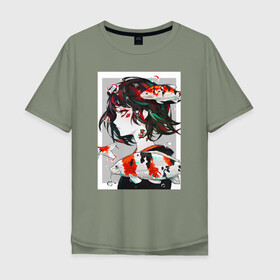 Мужская футболка хлопок Oversize с принтом Девушка и Карп Кои в Тюмени, 100% хлопок | свободный крой, круглый ворот, “спинка” длиннее передней части | девушка | карп | карп кои | рисунок | рыба