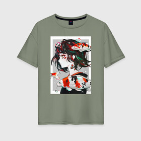 Женская футболка хлопок Oversize с принтом Девушка и Карп Кои в Тюмени, 100% хлопок | свободный крой, круглый ворот, спущенный рукав, длина до линии бедер
 | девушка | карп | карп кои | рисунок | рыба