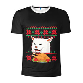 Мужская футболка 3D спортивная с принтом Woman Yelling at Cat в Тюмени, 100% полиэстер с улучшенными характеристиками | приталенный силуэт, круглая горловина, широкие плечи, сужается к линии бедра | cat | cats | christmas | mem | meme | memes | new year | xmas | вязаный | женщина | кот | кричит | мем | мемы | на кота | новый год | рождество | свитер
