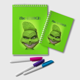 Блокнот с принтом Grinch Face в Тюмени, 100% бумага | 48 листов, плотность листов — 60 г/м2, плотность картонной обложки — 250 г/м2. Листы скреплены удобной пружинной спиралью. Цвет линий — светло-серый
 | Тематика изображения на принте: christmas | claus | grinch stole | how the | jingle | merry | santa | гринч | гуманоид | диккенс | ктоград | олени | рождество | снежинки | чарльз