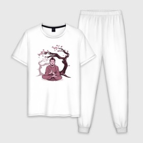Мужская пижама хлопок с принтом Будда Сакура в Тюмени, 100% хлопок | брюки и футболка прямого кроя, без карманов, на брюках мягкая резинка на поясе и по низу штанин
 | Тематика изображения на принте: buddha | medidate | medidation | sakura | yoga | буда | будда | йога | медитация | сакура | япония