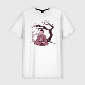 Мужская футболка хлопок Slim с принтом Будда Сакура в Тюмени, 92% хлопок, 8% лайкра | приталенный силуэт, круглый вырез ворота, длина до линии бедра, короткий рукав | buddha | medidate | medidation | sakura | yoga | буда | будда | йога | медитация | сакура | япония