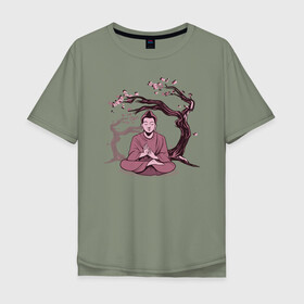 Мужская футболка хлопок Oversize с принтом Будда Сакура в Тюмени, 100% хлопок | свободный крой, круглый ворот, “спинка” длиннее передней части | Тематика изображения на принте: buddha | medidate | medidation | sakura | yoga | буда | будда | йога | медитация | сакура | япония