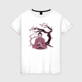 Женская футболка хлопок с принтом Будда Сакура в Тюмени, 100% хлопок | прямой крой, круглый вырез горловины, длина до линии бедер, слегка спущенное плечо | buddha | medidate | medidation | sakura | yoga | буда | будда | йога | медитация | сакура | япония