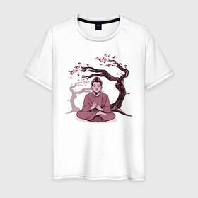 Мужская футболка хлопок с принтом Будда Сакура в Тюмени, 100% хлопок | прямой крой, круглый вырез горловины, длина до линии бедер, слегка спущенное плечо. | Тематика изображения на принте: buddha | medidate | medidation | sakura | yoga | буда | будда | йога | медитация | сакура | япония