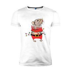 Мужская футболка премиум с принтом Новогодняя мышка с гирляндой в Тюмени, 92% хлопок, 8% лайкра | приталенный силуэт, круглый вырез ворота, длина до линии бедра, короткий рукав | 