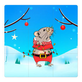 Магнитный плакат 3Х3 с принтом Новогодняя мышка с гирляндой в Тюмени, Полимерный материал с магнитным слоем | 9 деталей размером 9*9 см | Тематика изображения на принте: 2020 | mouse | rat | годкрысы | годмыши | зима | зимняя | крыса | мороз | мышка | мышь | новогодняя | новый год | новый год 2020 | рождество | симолгода | снег | холод