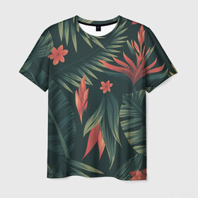 Мужская футболка 3D с принтом Тропический комуфляж в Тюмени, 100% полиэфир | прямой крой, круглый вырез горловины, длина до линии бедер | букет | бутон | джунгли | зелёный | красный | лепестки | лепесток | лес | листья | папоротник | синий | тропики | цветок
