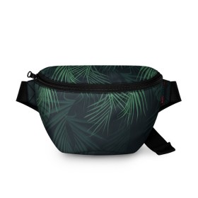 Поясная сумка 3D с принтом Пальмовый узор в Тюмени, 100% полиэстер | плотная ткань, ремень с регулируемой длиной, внутри несколько карманов для мелочей, основное отделение и карман с обратной стороны сумки застегиваются на молнию | джунгли | зелёный | лепестки | лепесток | лес | листья | пальма | пальмы | папоротник | салатовый | тропики | черный