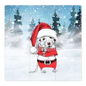 Магнитный плакат 3Х3 с принтом Мышонок с елочной игрушкой в Тюмени, Полимерный материал с магнитным слоем | 9 деталей размером 9*9 см | Тематика изображения на принте: 2020 | mouse | rat | годкрысы | годмыши | зима | зимняя | крыса | мороз | мышка | мышь | новогодняя | новый год | новый год 2020 | рождество | симолгода | снег | холод