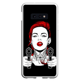 Чехол для Samsung S10E с принтом Woman is holding a gun в Тюмени, Силикон | Область печати: задняя сторона чехла, без боковых панелей | Тематика изображения на принте: girl | guns | tattoo | woman | девушка | красотка | масоны | оружие | пистолеты | тату | треугольник