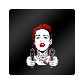 Магнит виниловый Квадрат с принтом Woman is holding a gun в Тюмени, полимерный материал с магнитным слоем | размер 9*9 см, закругленные углы | Тематика изображения на принте: girl | guns | tattoo | woman | девушка | красотка | масоны | оружие | пистолеты | тату | треугольник