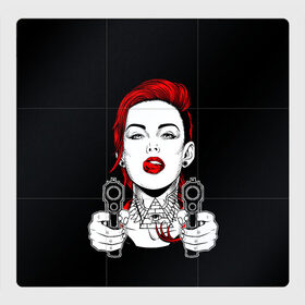 Магнитный плакат 3Х3 с принтом Woman is holding a gun в Тюмени, Полимерный материал с магнитным слоем | 9 деталей размером 9*9 см | Тематика изображения на принте: girl | guns | tattoo | woman | девушка | красотка | масоны | оружие | пистолеты | тату | треугольник