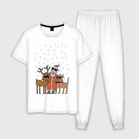 Мужская пижама хлопок с принтом THE HATTERS: Дед Мороз не показывает слёз в Тюмени, 100% хлопок | брюки и футболка прямого кроя, без карманов, на брюках мягкая резинка на поясе и по низу штанин
 | Тематика изображения на принте: hatters | дед мороз | джипси | музыченко | новый год | олень | рождество | рок | ска | снег | снежинки | фолк | шляпники