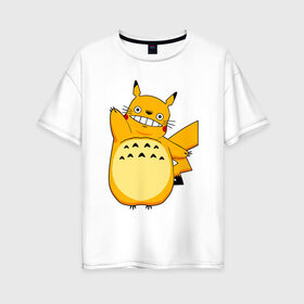 Женская футболка хлопок Oversize с принтом Pika Totoro в Тюмени, 100% хлопок | свободный крой, круглый ворот, спущенный рукав, длина до линии бедер
 | forest | friend | ghibli | japan | keeper | miyazaki | nature | neigbor | neighbour | pikachu | pokemon | totoro | анимация | аниме | гибли | друг | животные | лес | любовь | милый | мир | миядзаки | мульт | мультфильм | пика | пикачу | покемон | приключе