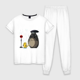 Женская пижама хлопок с принтом Тоторо под дождём в Тюмени, 100% хлопок | брюки и футболка прямого кроя, без карманов, на брюках мягкая резинка на поясе и по низу штанин | forest | friend | ghibli | japan | keeper | miyazaki | nature | neigbor | neighbour | totoro | анимация | аниме | гибли | друг | животные | лес | любовь | милый | мир | миядзаки | мульт | мультфильм | пика | пикачу | покемон | приключения