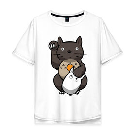 Мужская футболка хлопок Oversize с принтом Totoro Maneki Neko в Тюмени, 100% хлопок | свободный крой, круглый ворот, “спинка” длиннее передней части | cat | forest | friend | ghibli | japan | keeper | miyazaki | nature | neigbor | neighbour | totoro | анимация | аниме | гибли | друг | животные | кот | котенок | котик | кошка | лес | любовь | милый | мир | миядзаки | мульт | мультфильм