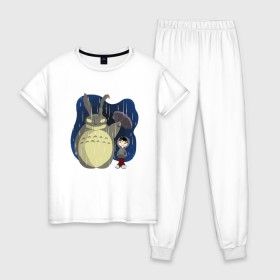 Женская пижама хлопок с принтом Donnie Totoro в Тюмени, 100% хлопок | брюки и футболка прямого кроя, без карманов, на брюках мягкая резинка на поясе и по низу штанин | donnie darko | forest | friend | ghibli | japan | keeper | miyazaki | nature | neigbor | neighbour | totoro | анимация | аниме | гибли | донни дарко | друг | животные | лес | любовь | милый | мир | миядзаки | мульт | мультфильм | приключения