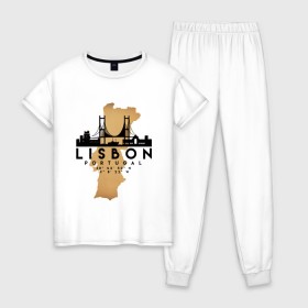 Женская пижама хлопок с принтом Лиссабон (Португалия) в Тюмени, 100% хлопок | брюки и футболка прямого кроя, без карманов, на брюках мягкая резинка на поясе и по низу штанин | city | lisbon | portugal | ronaldo | travel | город | европа | карта | лиссабон | мир | португалия | приключение | путешествие | роналду | столица | страна | тиризм | турист | флаг