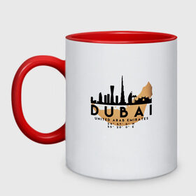 Кружка двухцветная с принтом ОАЭ (Дубаи) в Тюмени, керамика | объем — 330 мл, диаметр — 80 мм. Цветная ручка и кайма сверху, в некоторых цветах — вся внутренняя часть | Тематика изображения на принте: city | dubai | travel | город | дубаи | европа | карта | курорт | мир | оаэ | приключение | путешествие | столица | страна | тиризм | турист | флаг | эмираты
