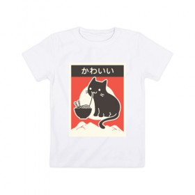 Детская футболка хлопок с принтом Котик и рамен в Тюмени, 100% хлопок | круглый вырез горловины, полуприлегающий силуэт, длина до линии бедер | food | kawai | kawaii | аниме | еда | кавай | китайская | корейская | кот | рамен | японская