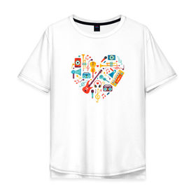 Мужская футболка хлопок Oversize с принтом Музыкальное Сердце в Тюмени, 100% хлопок | свободный крой, круглый ворот, “спинка” длиннее передней части | музыка | музыкальное сердце | музыкальные инструменты | рисунок | сердце