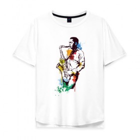 Мужская футболка хлопок Oversize с принтом Джаз в Тюмени, 100% хлопок | свободный крой, круглый ворот, “спинка” длиннее передней части | акварель | джаз | краски | музыка | музыкант | рисунок | саксофон | человек