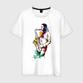 Мужская футболка хлопок с принтом Джаз в Тюмени, 100% хлопок | прямой крой, круглый вырез горловины, длина до линии бедер, слегка спущенное плечо. | акварель | джаз | краски | музыка | музыкант | рисунок | саксофон | человек