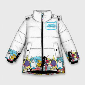 Зимняя куртка для девочек 3D с принтом Finn Adventure Time в Тюмени, ткань верха — 100% полиэстер; подклад — 100% полиэстер, утеплитель — 100% полиэстер. | длина ниже бедра, удлиненная спинка, воротник стойка и отстегивающийся капюшон. Есть боковые карманы с листочкой на кнопках, утяжки по низу изделия и внутренний карман на молнии. 

Предусмотрены светоотражающий принт на спинке, радужный светоотражающий элемент на пуллере молнии и на резинке для утяжки. | adventure time | dsgnosadchaya | vdosadir | бимо | время приключений | гантер | джейк | марселин | пендлтон уорд | пупырка | снежный король | финн