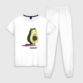 Женская пижама хлопок с принтом Авокот в Тюмени, 100% хлопок | брюки и футболка прямого кроя, без карманов, на брюках мягкая резинка на поясе и по низу штанин | avocat | авокадо | кот | рисунок