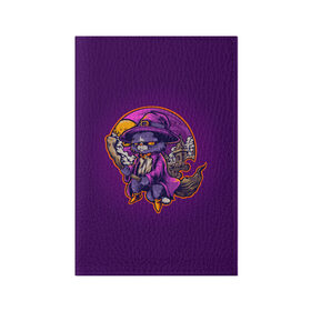 Обложка для паспорта матовая кожа с принтом Кот в Тюмени, натуральная матовая кожа | размер 19,3 х 13,7 см; прозрачные пластиковые крепления | Тематика изображения на принте: cat | halloween | ведьма | кот | луна | метла | тыква | хэллоуин | шляпа