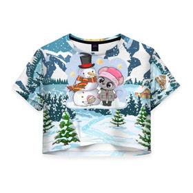 Женская футболка Cropp-top с принтом Милая мышка со снеговиком в Тюмени, 100% полиэстер | круглая горловина, длина футболки до линии талии, рукава с отворотами | 2020 | mouse | rat | годкрысы | годмыши | зима | зимняя | крыса | мороз | мышка | мышь | новогодняя | новый год | новый год 2020 | рождество | симолгода | снег | холод