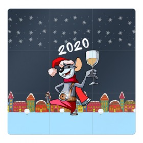 Магнитный плакат 3Х3 с принтом Мышонок с шампанским в Тюмени, Полимерный материал с магнитным слоем | 9 деталей размером 9*9 см | Тематика изображения на принте: 2020 | mouse | rat | годкрысы | годмыши | зима | зимняя | крыса | мороз | мышка | мышь | новогодняя | новый год | новый год 2020 | рождество | симолгода | снег | холод
