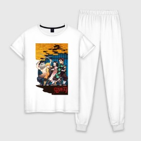 Женская пижама хлопок с принтом Demon Slayer в Тюмени, 100% хлопок | брюки и футболка прямого кроя, без карманов, на брюках мягкая резинка на поясе и по низу штанин | anime | demon slayer | kimetsu no yaiba | аниме | клинок рассекающий демонов