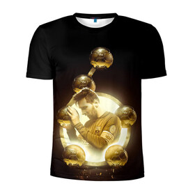 Мужская футболка 3D спортивная с принтом Месси шестикратный в Тюмени, 100% полиэстер с улучшенными характеристиками | приталенный силуэт, круглая горловина, широкие плечи, сужается к линии бедра | argentina | barcelona | football | golden ball | leo | lionel messi | аргентина | барселона | золотой мяч | лео | лионель месси | футбол