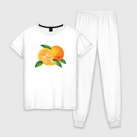 Женская пижама хлопок с принтом Апельсины в Тюмени, 100% хлопок | брюки и футболка прямого кроя, без карманов, на брюках мягкая резинка на поясе и по низу штанин | апельсины | еда | рисунок | фрукт