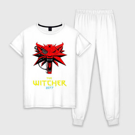 Женская пижама хлопок с принтом Witcher 2077 в Тюмени, 100% хлопок | брюки и футболка прямого кроя, без карманов, на брюках мягкая резинка на поясе и по низу штанин | 