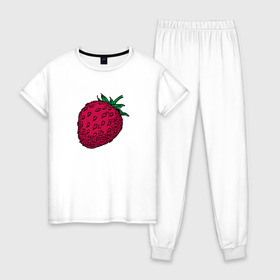 Женская пижама хлопок с принтом Клубника в Тюмени, 100% хлопок | брюки и футболка прямого кроя, без карманов, на брюках мягкая резинка на поясе и по низу штанин | Тематика изображения на принте: еда | клубника | рисунок | ягода
