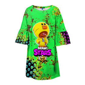 Детское платье 3D с принтом Brawl Stars (leon sally) в Тюмени, 100% полиэстер | прямой силуэт, чуть расширенный к низу. Круглая горловина, на рукавах — воланы | Тематика изображения на принте: brawl | leon | moba | sally | stars | supercell | игра