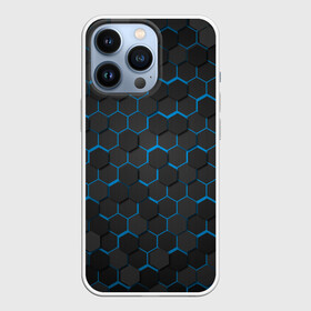 Чехол для iPhone 13 Pro с принтом OCTAGON голубой в Тюмени,  |  | neon octagon | octagon | голубые соты | голубые соты в неоне | неон | неоновые соты | шестиугольники