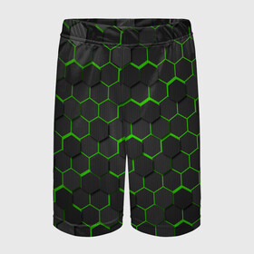 Детские спортивные шорты 3D с принтом OCTAGON зеленый в Тюмени,  100% полиэстер
 | пояс оформлен широкой мягкой резинкой, ткань тянется
 | neon octagon | octagon | зеленые соты | зеленые соты в неоне | неон | неоновые соты | шестиугольники
