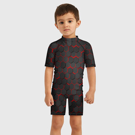 Детский купальный костюм 3D с принтом OCTAGON красный в Тюмени, Полиэстер 85%, Спандекс 15% | застежка на молнии на спине | Тематика изображения на принте: neon octagon | octagon | красные соты | красные соты в неоне | неон | неоновые соты | шестиугольники