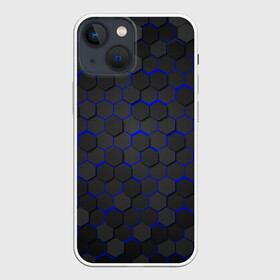 Чехол для iPhone 13 mini с принтом OCTAGON синий в Тюмени,  |  | neon octagon | octagon | неон | неоновые соты | синие соты | синие соты в неоне | шестиугольники