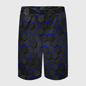 Детские спортивные шорты 3D с принтом OCTAGON синий в Тюмени,  100% полиэстер
 | пояс оформлен широкой мягкой резинкой, ткань тянется
 | neon octagon | octagon | неон | неоновые соты | синие соты | синие соты в неоне | шестиугольники